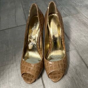 Nine West Tan Croc-Embossed Peep Toe Heels